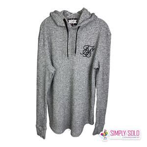 SikSilk Men's Sweatshirt Hoodie Rib Knit Curved Hem Heather Gray Pullover Size L
